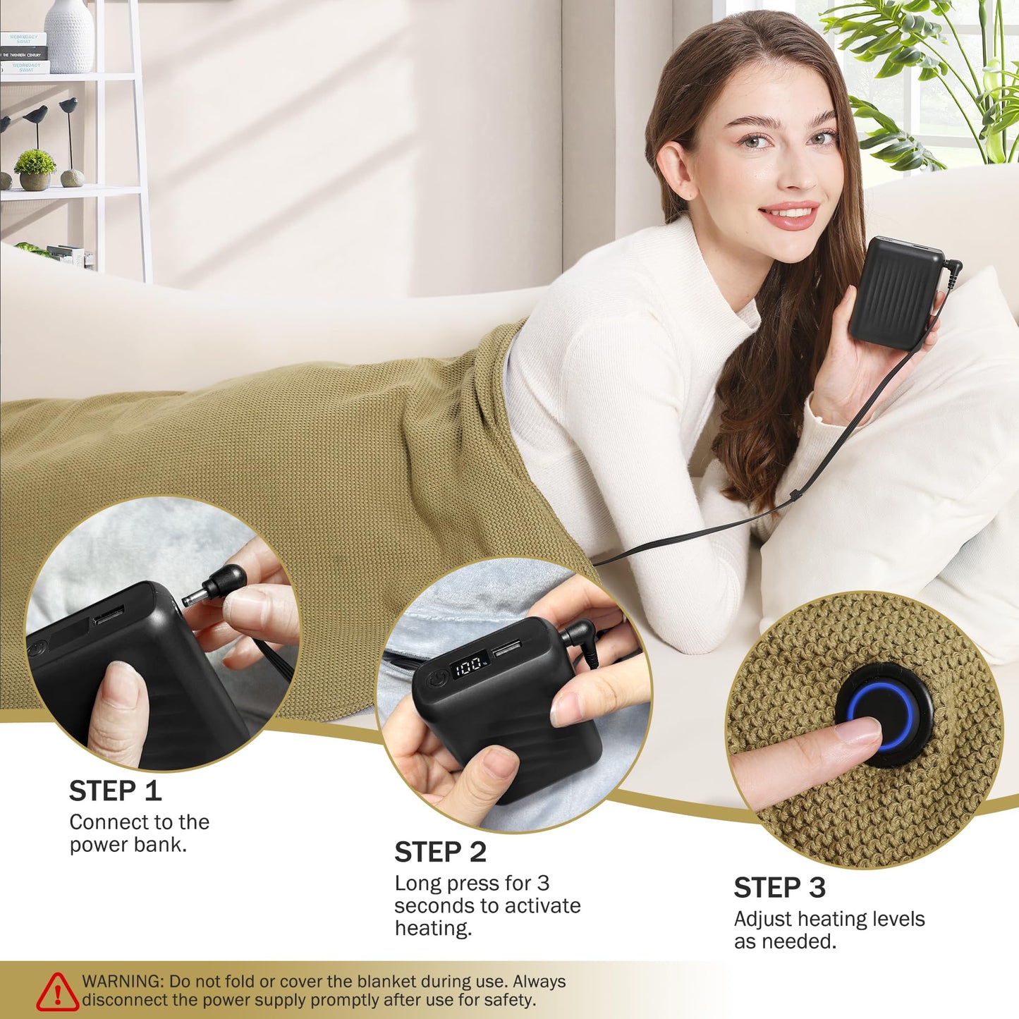 Sherum Portable Soft Zipper Electric Heated Blanket Shawl